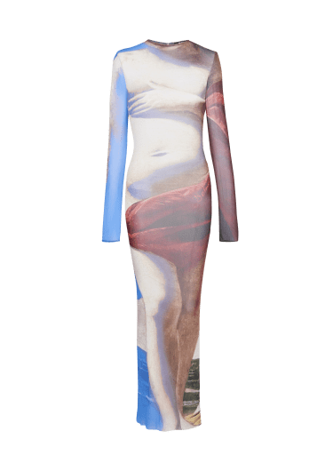 Langes Kleid aus Tüll mit Trompe-l'oeil-Print