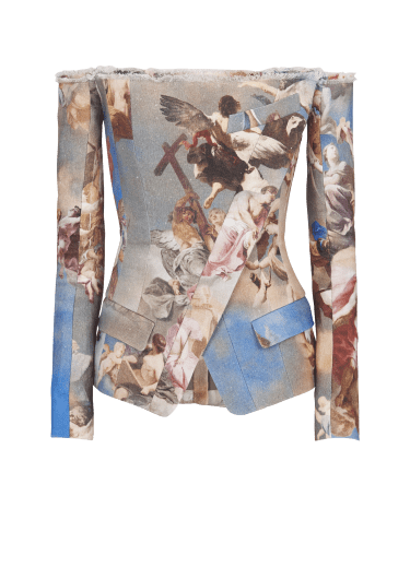 Schulterfreier Blazer aus Leinen mit Sky-Print