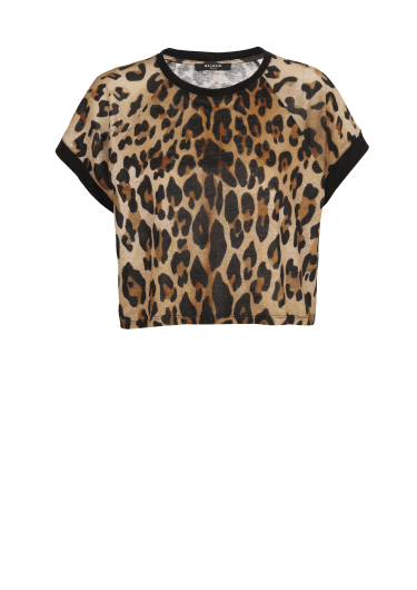 Cropped linen T-shirt with leopard print