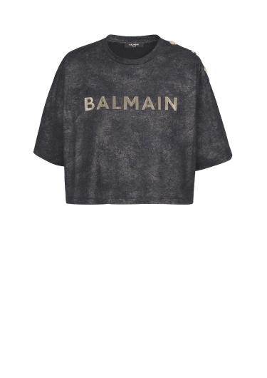 Cropped eco-responsible cotton T-shirt with textured Balmain logo print
