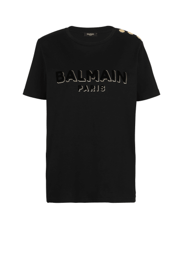 T-shirt in cotone con logo Balmain metallizzato floccato