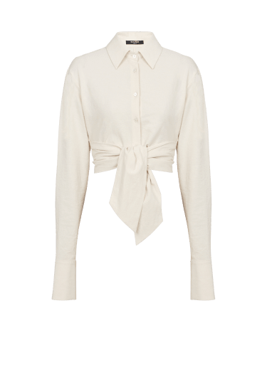 Long sleeve knotted cotton cropped shirt