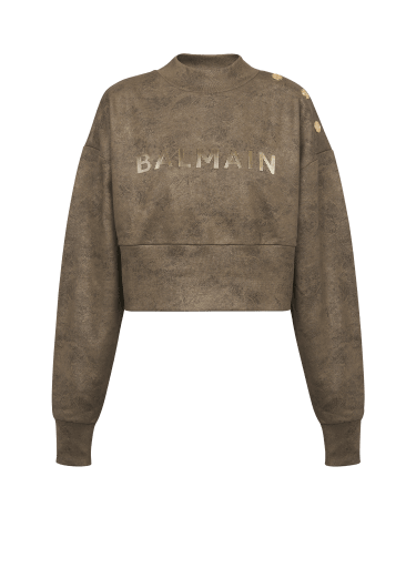Kurzes Sweatshirt aus Öko-Baumwolle mit aufgedrucktem Balmain Metallic-Logo