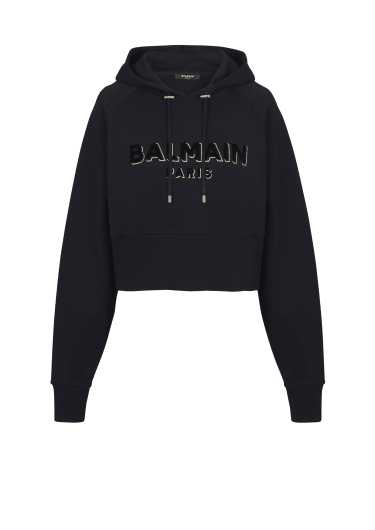 Kurzes Sweatshirt aus Baumwolle mit beflocktem Balmain Metallic-Logo