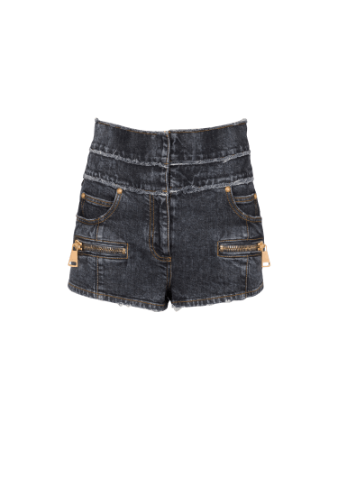 High-waisted faded denim mini-shorts