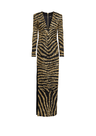 Langes besticktes Kleid mit Zebramuster