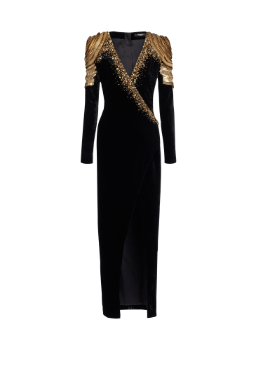 Embroidered velvet long dress