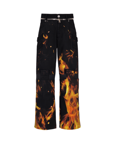 火焰印花拼贴牛仔裤