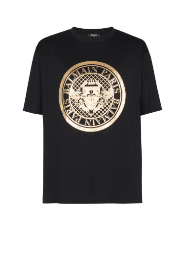 Oversized cotton T-shirt with metallic coin logo print
