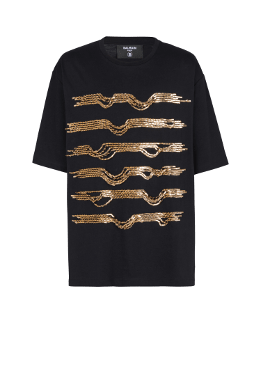 Oversize-T-Shirt aus Baumwolle mit aufgestickten Streifen im Destroyed-Look