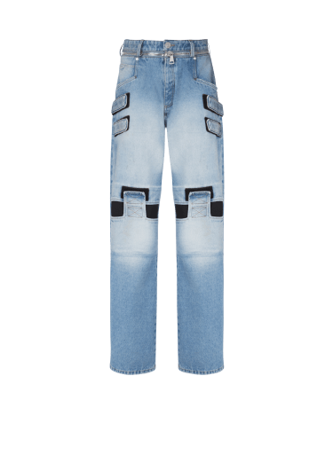 Jeans ampi in cotone délavé con fasce di velcro