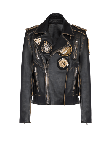 Leather biker jacket with embroidered badges