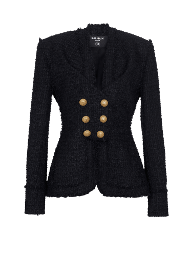 Collarless tweed jacket