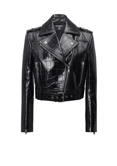 Crocodile-effect leather biker jacket