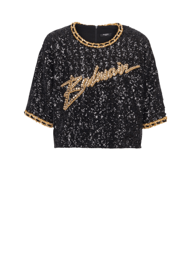 Cropped T-shirt with sequin embroidery