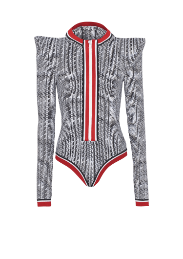Hooded knit monogrammed bodysuit