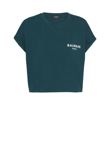 Kurzes Balmain Paris T-Shirt mit beflocktem Print