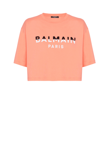 Kurzes Balmain Paris T-Shirt mit beflocktem Print