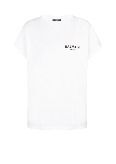 Camiseta de algodón de diseño ecológico con pequeño logotipo de Balmain flocado
