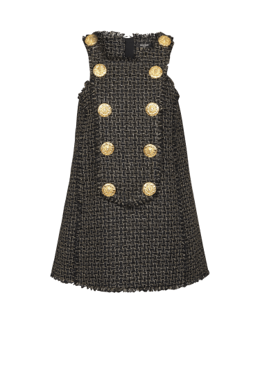Sleeveless lurex tweed dress with buttons