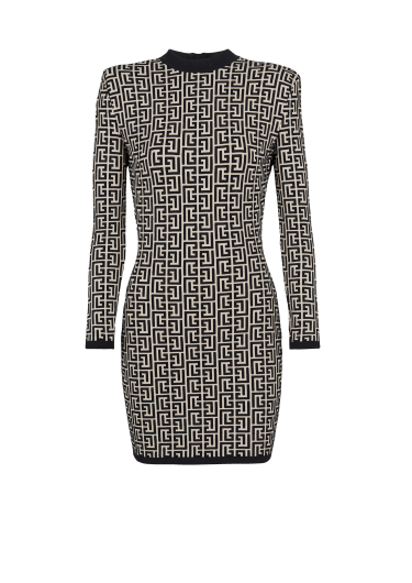 双色提花针织短款连衣裙饰以Balmain巴尔曼字母标识