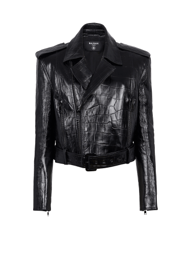 Crocodile-effect leather biker jacket