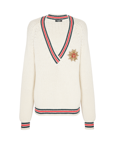 문장 장식 트리코 스웨터