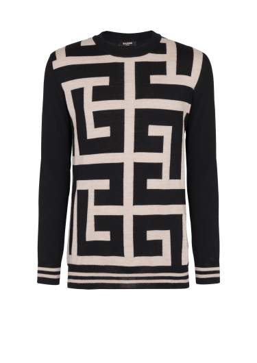 Balmain High Neck Monogram Jacquard Sweater In Green