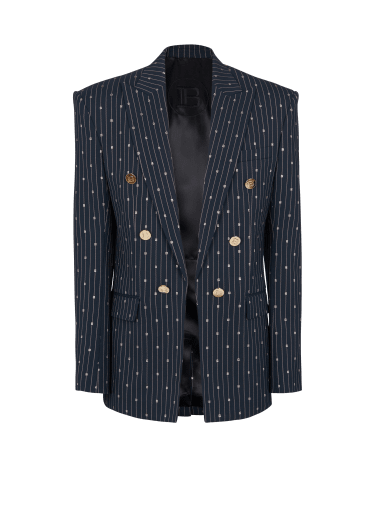 Monogrammed 6-button wool jacket with thin stripes