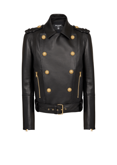 Double-breasted buttoned leather biker jacket 