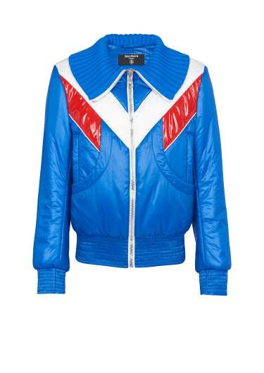 Nylon puffer jacket with contrasting effect