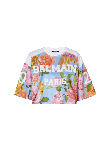  Balmain Baseball-T-Shirt mit Pastel Roses-Print 