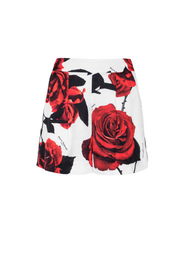 Shorts in raso con stampa rose rosse