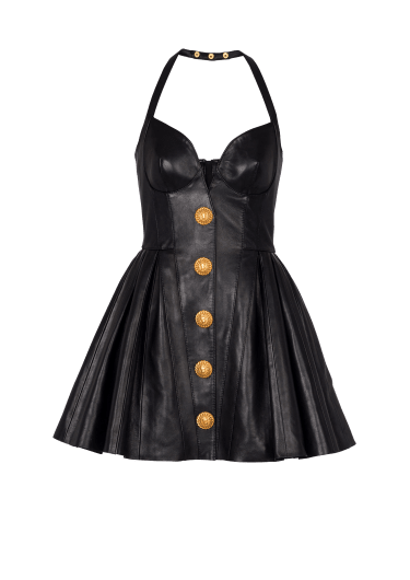 Flared pleated halterneck dress in leather