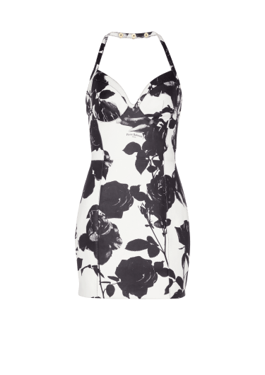 블랙 앤 화이트 로즈 프린트 가죽 오픈백 드레스