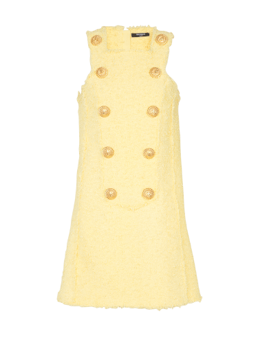 트위드 소재 플래스트런 및 버튼 디테일의 스윙 드레스