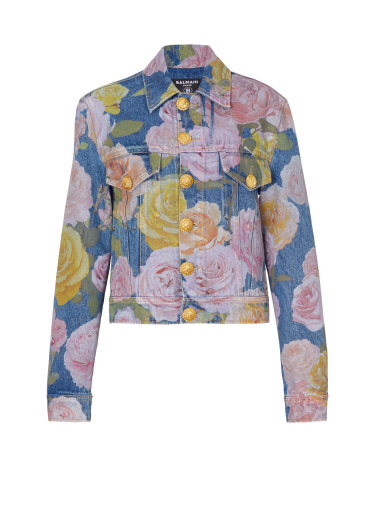 Giacca in denim con stampa rose pastello