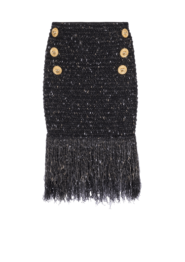 Falda de tweed de lúrex con flecos