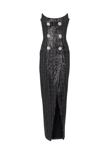 Long bustier dress in sequinned tweed
