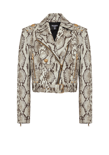 Snakeskin-effect leather biker jacket