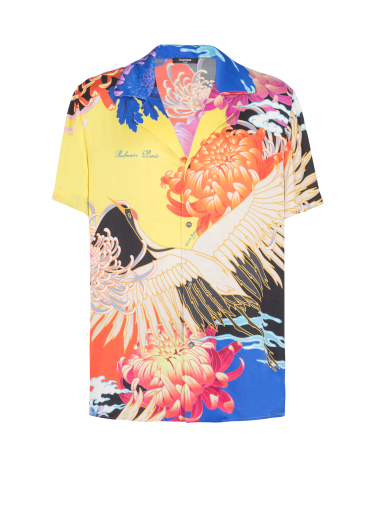 Short-sleeved satin shirt with Crane print 