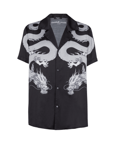 Short-sleeved satin shirt with Dragon print
