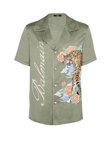 Short-sleeved satin shirt with Tiger print