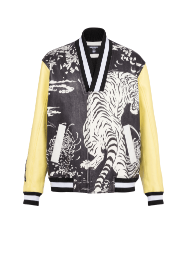 Leather varsity jacket with Tiger print