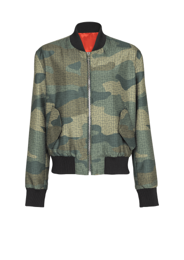 Camouflage monogrammed Shantung bomber jacket