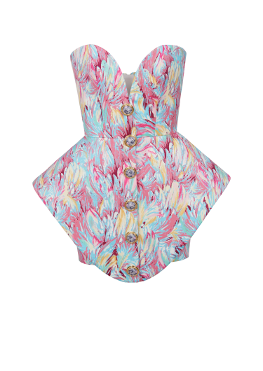 Peplum bustier dress with Feather print