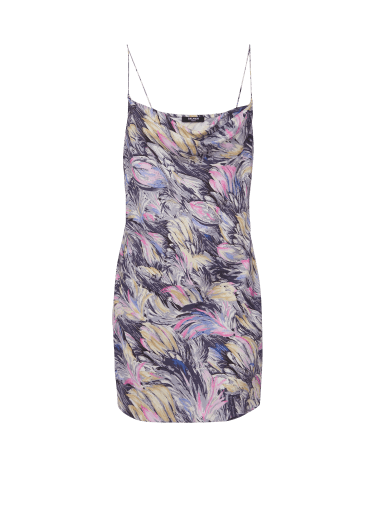 Short satin slip dress with Feather print