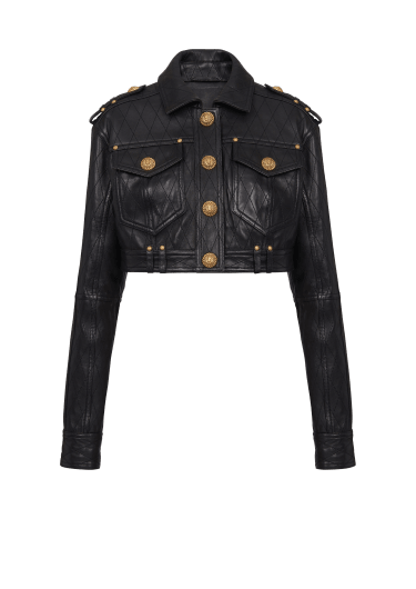 Topstitched cropped leather jacket