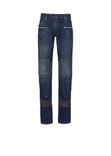 Denim straight-leg biker jeans