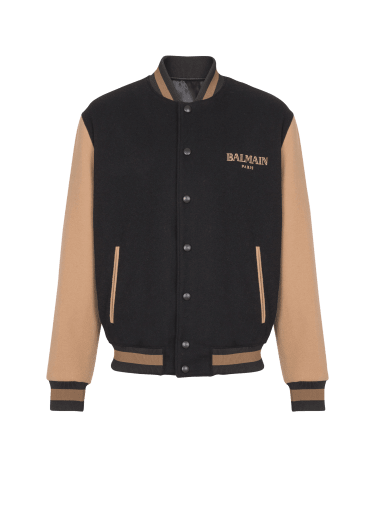 Two-tone wool and cashmere varsity jacket